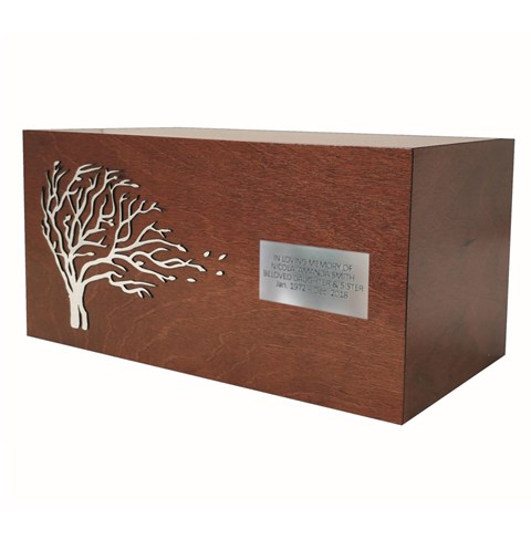 Tree of life, wooden cremation urn with memorial plaque