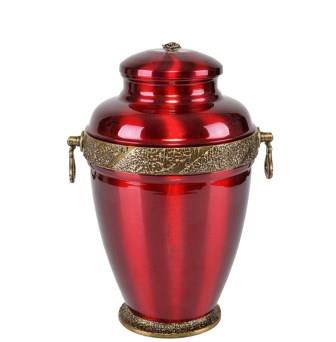 Red metal cremation urn