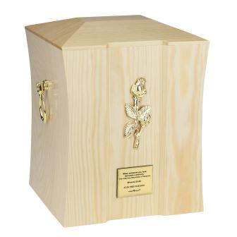 small roses urn for ashes, light wooden urn for ashes with rose